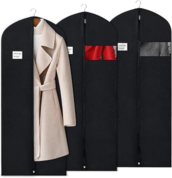 BOMEI PACK Black Garment Bag Cover Covers Breathable 60 cm x 160 cm Pack of 3 Garment Bags with Transparent Window and Zip Dustproof for Suits Coats Jackets