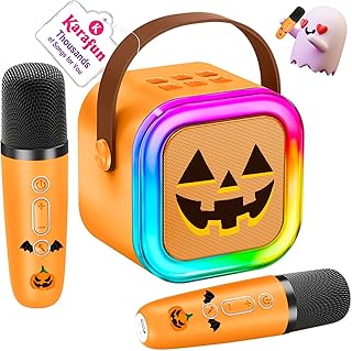 Mini Karaoke Machine for Kids, Halloween Party Supplies & 2025 TOP Toy Gifts Ideas for Girls Boys Ages 4-12, Portable MP3 Player with 2 Wireless Mics for Birthday Christmas Singing Games（Pumpkin）
