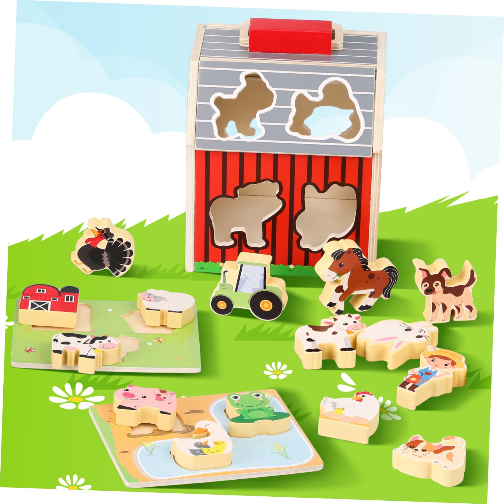 Granja Montessori de Madera para Set Educativo con Animales de Madera Natural para Desarrollo Cognitivo y Coordinación Manual Preescolar