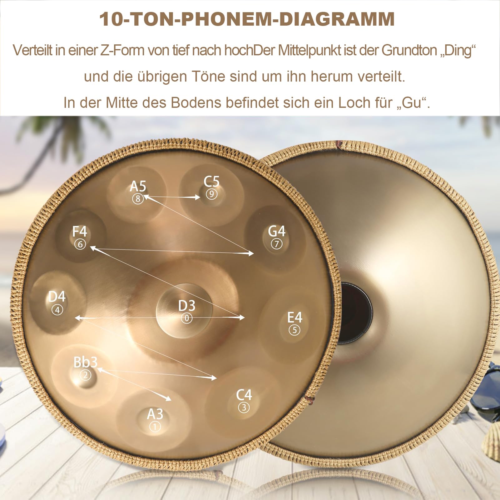Handpan Instrument,9/10 Töne 22 Zoll Zungentrommel Stahltrommel in D-Moll Kurd 432/440 HZ mit weicher Tasche, Harmonic Percussion,Trommelständer für Sound Healing, Meditation (432hz, 10Töne)