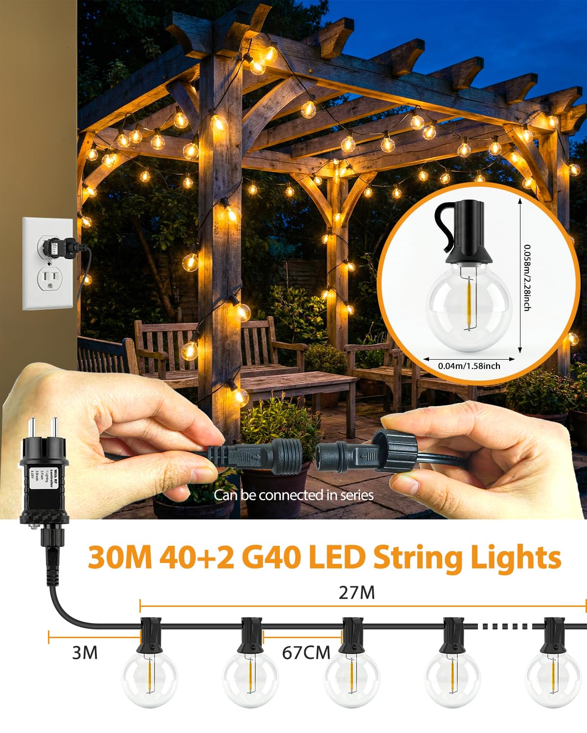 btfarm Guirnalda Luces Exterior, 30M/98FT Luces Led Exterior 3 Modos con Mando, 40+2 G40 Jardin Guirnaldas Luces con Temporizador Impermeable para Jardín Terraza Fiesta Boda, Blanco Calido, 2 Piezas