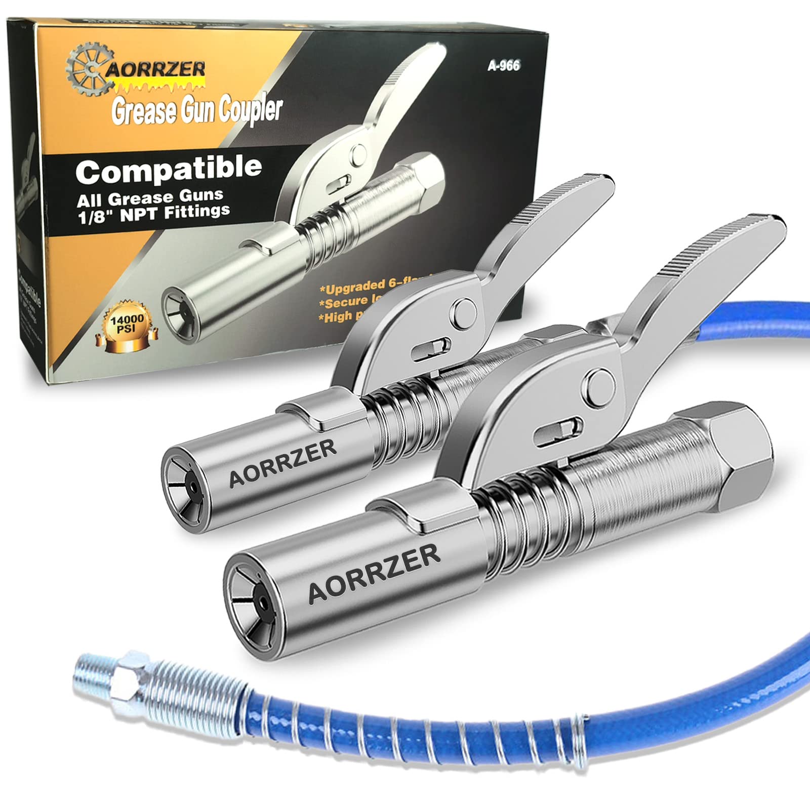 Grease Gun Coupler 2 PCS, Strong Lock on Greases Gun Couplers, 12000 PSI Quick Release Grease Coupler with 12" Spring Flex Hose, Compatible with All Grease Guns 1/8" NPT Grease Gun Fittings