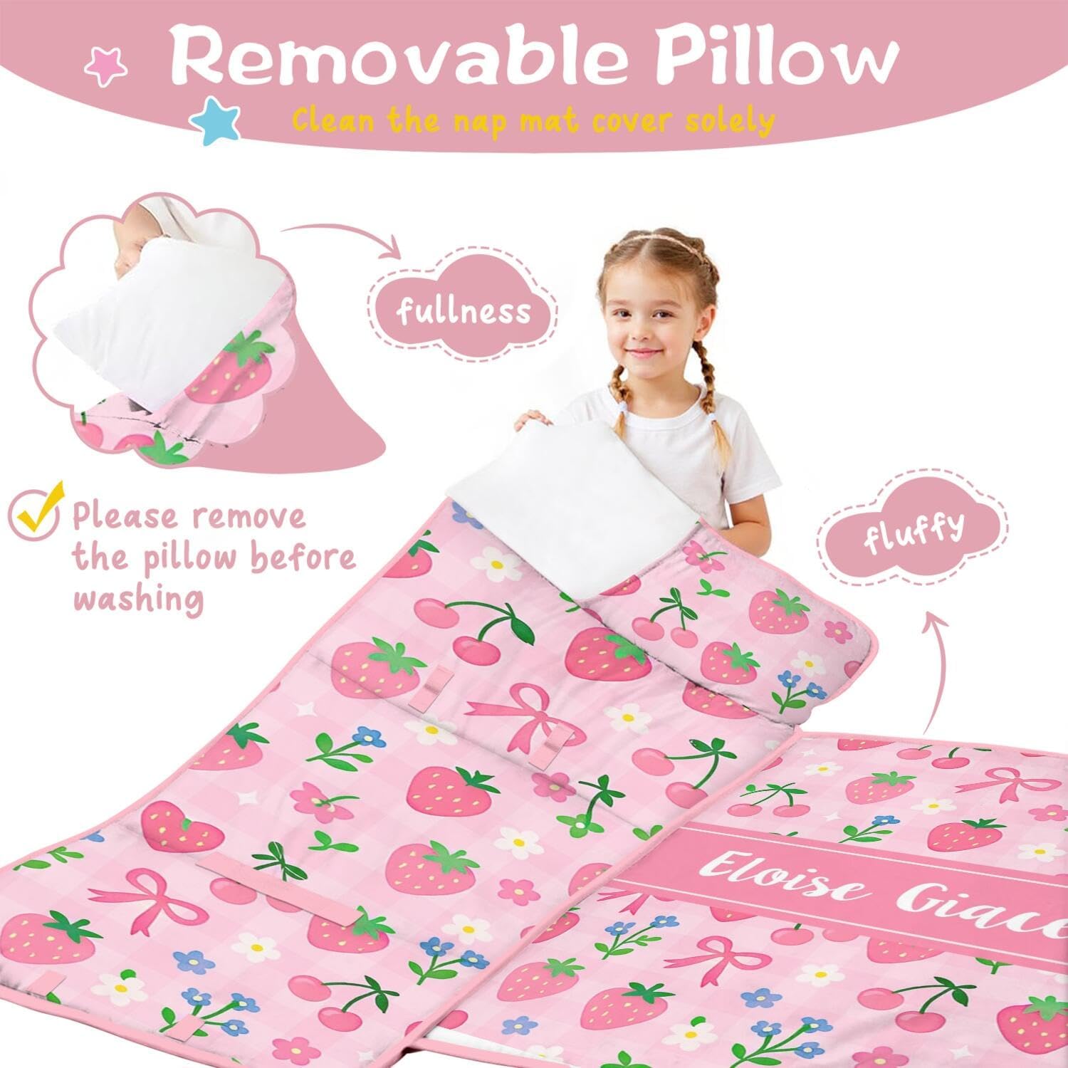 Personalized Strawberry Toddler Nap Mat for Girls – Custom Name Sleeping Bag with Pillow & Blanket – Soft & Portable Kids Sleep Mat for Daycare, Preschool, Kindergarten, Travel, Sleepovers