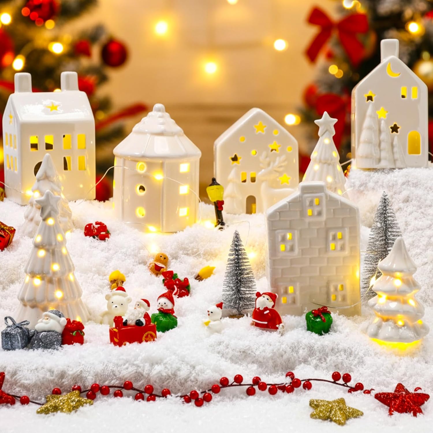 Barydat 30 Pcs White Christmas Village Set Mini Figurines 5 LED Lighted Ceramic Houses 5 Porcelain Xmas Tree 12 Xmas Tree Santa Accessories Christmas Village Collection Kit for Table Decoration - Image 6