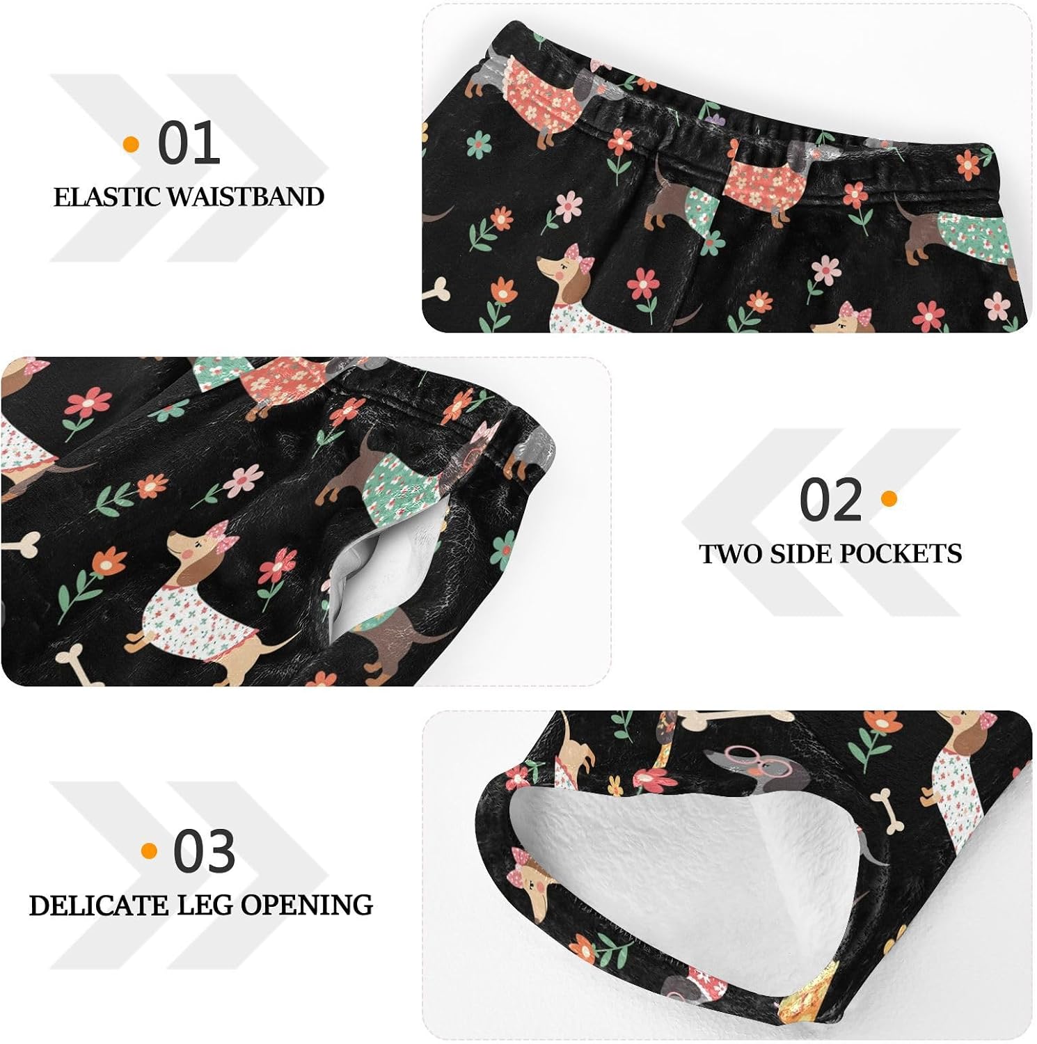 Dog Flower Black Pattern Plush Pajama Pants Sleepwear Bottoms Lounge Fleece Pants with Elastic Waist, S-XL