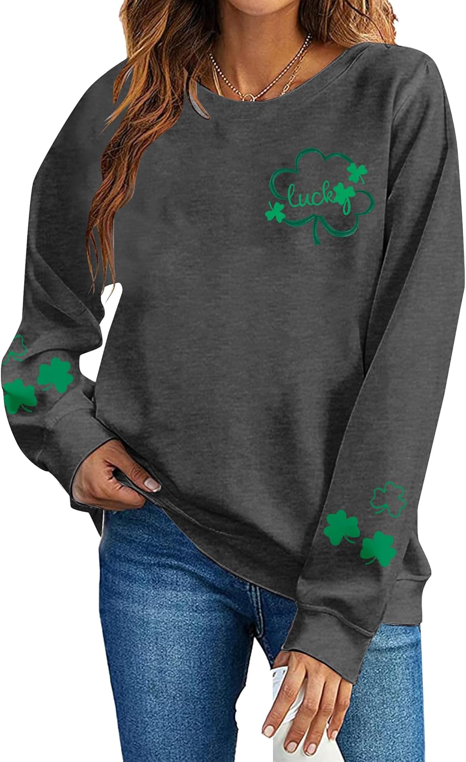 MNLYBABY St. Patrick's Day Sweatshirt for Women Lucky Shamrock Print Shirt Cute Ireland Clover Gift Long Sleeve Pullover Tops