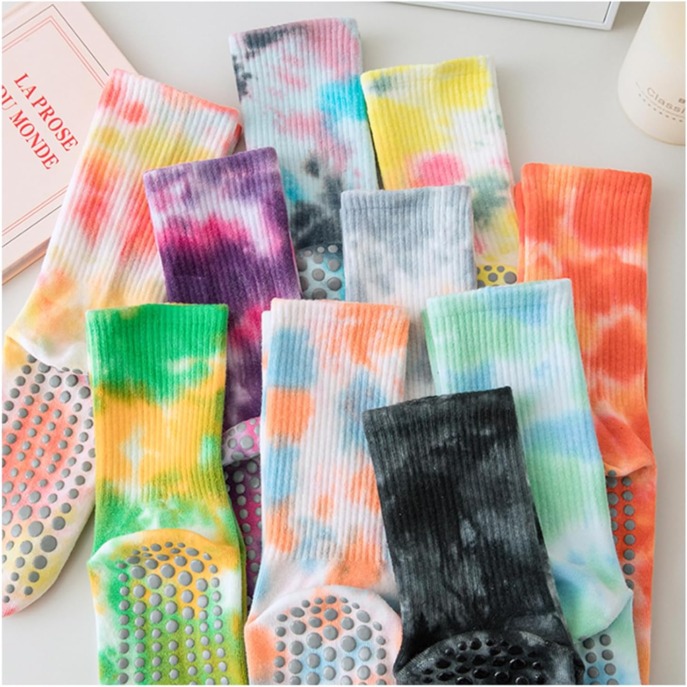 Women Yoga Pilates Socks with Grips Non Slip Cotton for All Seasons Tie Dye Series 36