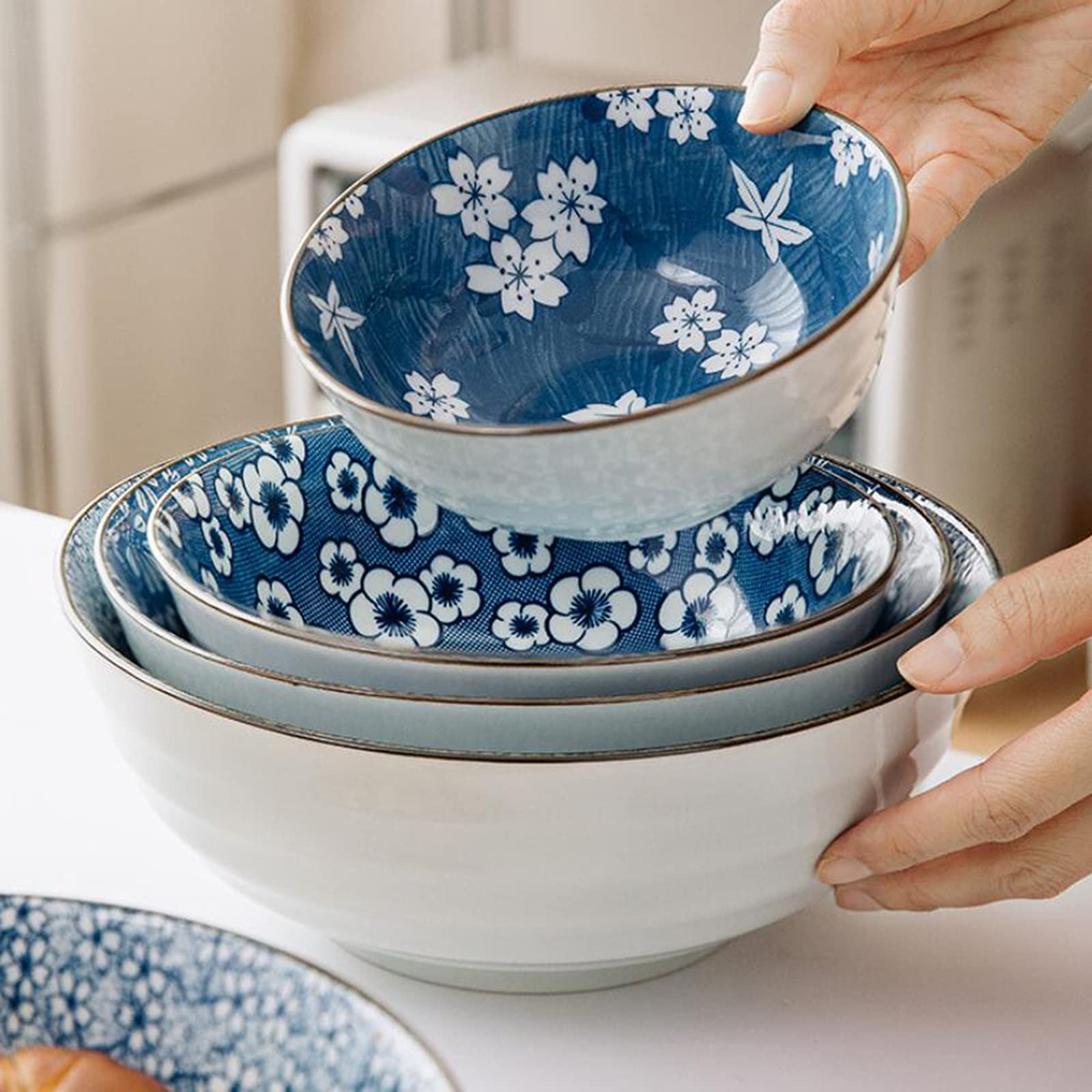 Tazas de Ramen, Conjuntos de Tazas de Pasta, Tazón de Sopa de Fideos de cerámica de 9 Pulgadas, (4 Piezas) Tazón de Ramen casero apilable japonés bajo vidriado for Cereales, arroz, Udon