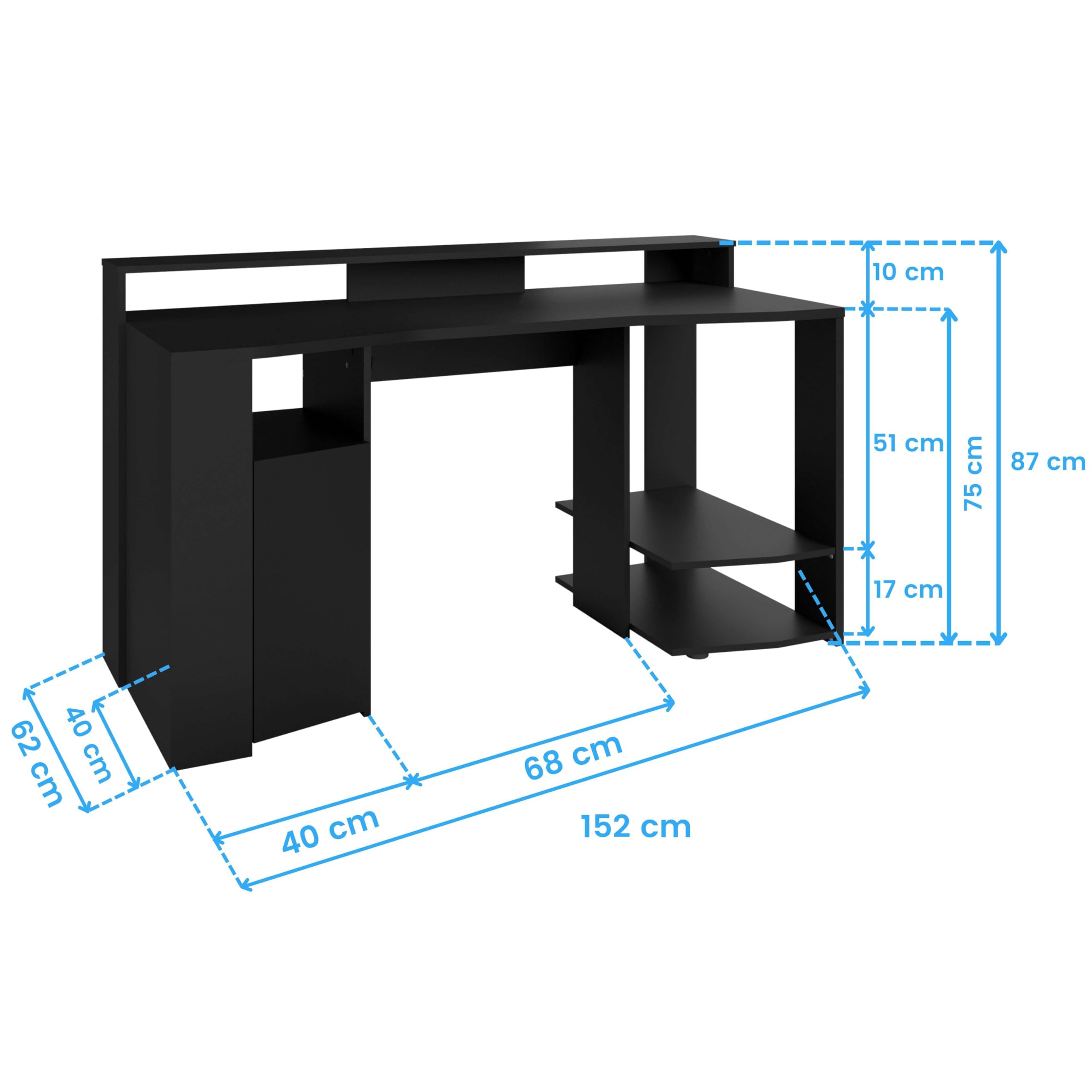 Miroytengo Table gaming couleur noire avec LED incluse Setup Gamer Bureau ordinateur style moderne Meuble 87 x 152 x 62 cm