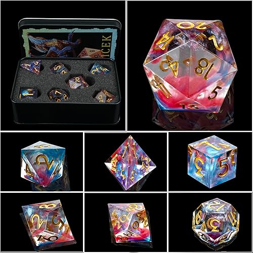 Miniatura 3 de DND - Juego de dados de borde afilado, 7 piezas de dados poliédricos DND con hoja de oro, exquisito embalaje de caja de lata, ideal para juegos de