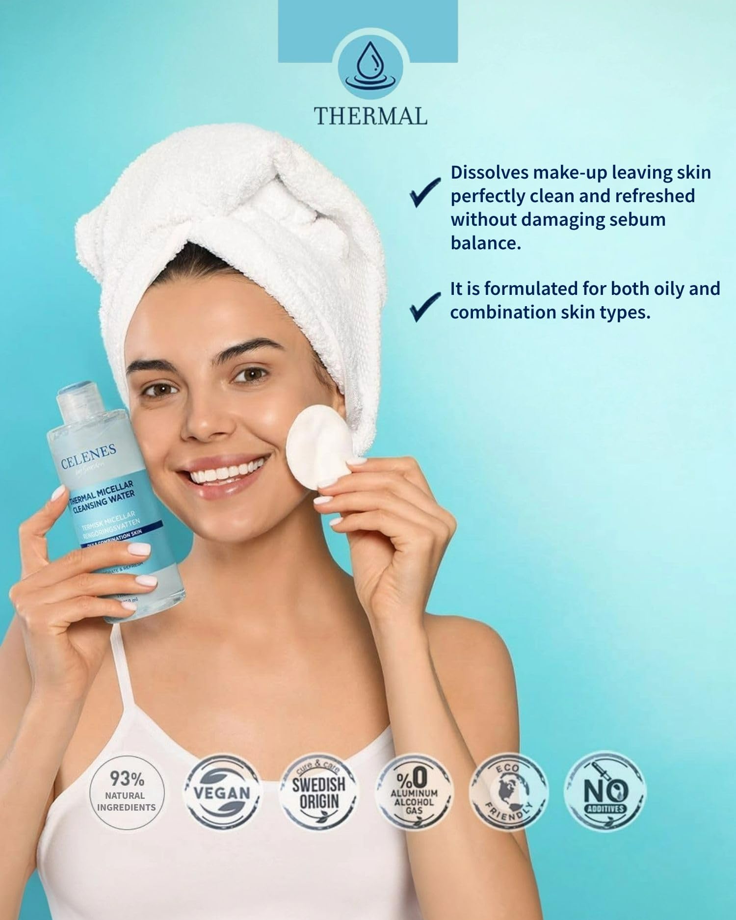 Celenes by Sweden Thermal Micellar Cleansing Water, Gentle, No-Rinse Formula for Oily & Combination Skin, Alcohol-Free - Image 2