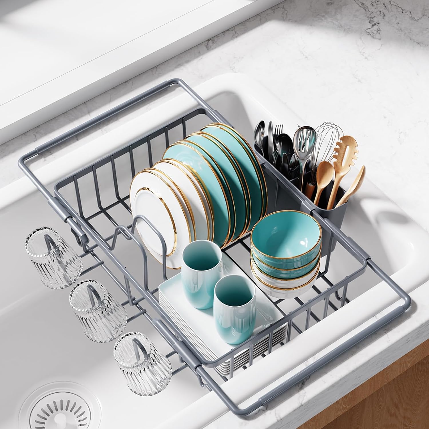 Dish Drying Rack in Sink - Expandable Stainless Steel Dish Rack Over The Sink, Kitchen Sink Drain Strainer with Cutlery Holder & Cup Holders, 15.4 x 9.8 x 3.0 Inch, Silver Silver Standard - 15.4" × 9.8" × 3"