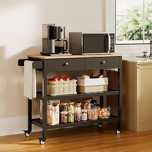 Miniatura 9 de Gizoon Carrito de isla de cocina con ruedas con mesa de madera de 40 pulgadas, 2 estantes de almacenamiento espaciosos y toallero, carrito