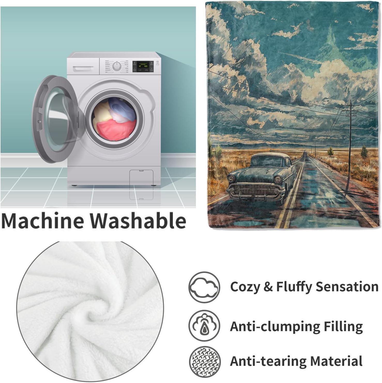 Vintage Car Route 66 Blanket, Classic Car and Scenic Highway Flannel Throw Blankets,Soft Warm Lightweight Cozy Plush Throws for Bed Sofa Office Home Decor Gifts for Men Travel Lovers 60"x50" - Image 4