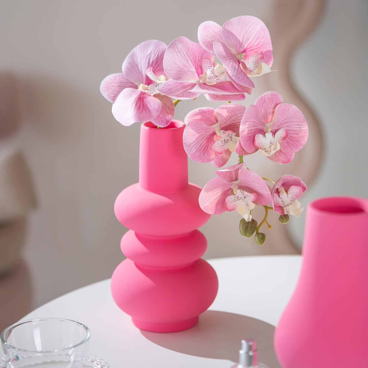BLOFLO Hot Pink Ceramic Vase, Colorful Ceramic Vase, Modern Dried Flower Vases, Pink Round Vase for Centerpieces Wedding Dinner Table Party Office, Housewarming Gift (3 Layers Pink) - Image 3