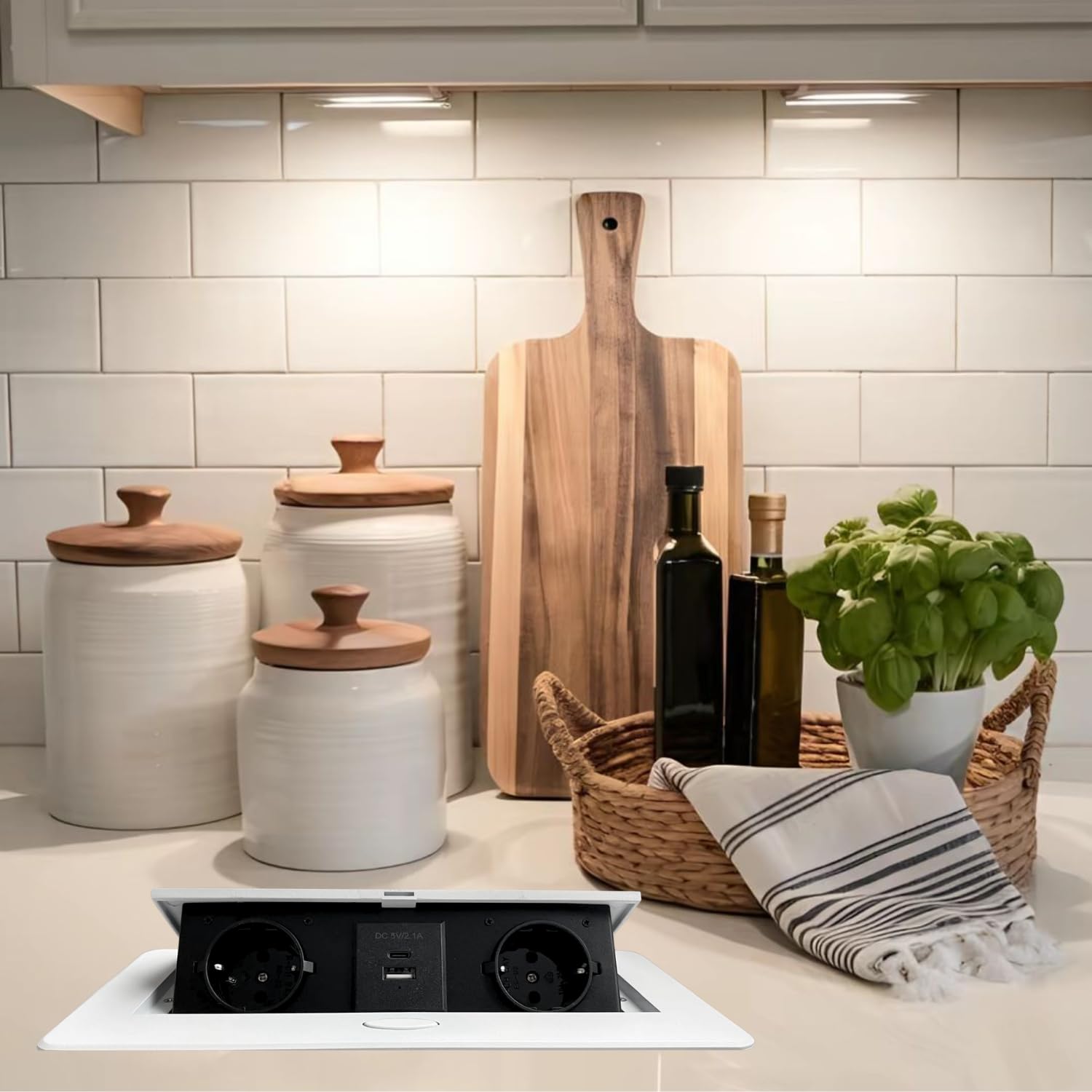 EVOTRADE Multiprise encastrée avec 2 prises SCHUKO + 2 prises USB (A+C), câble de 1,5 m - Pour bureau, salle de réunion, plan de travail - Couleur blanche