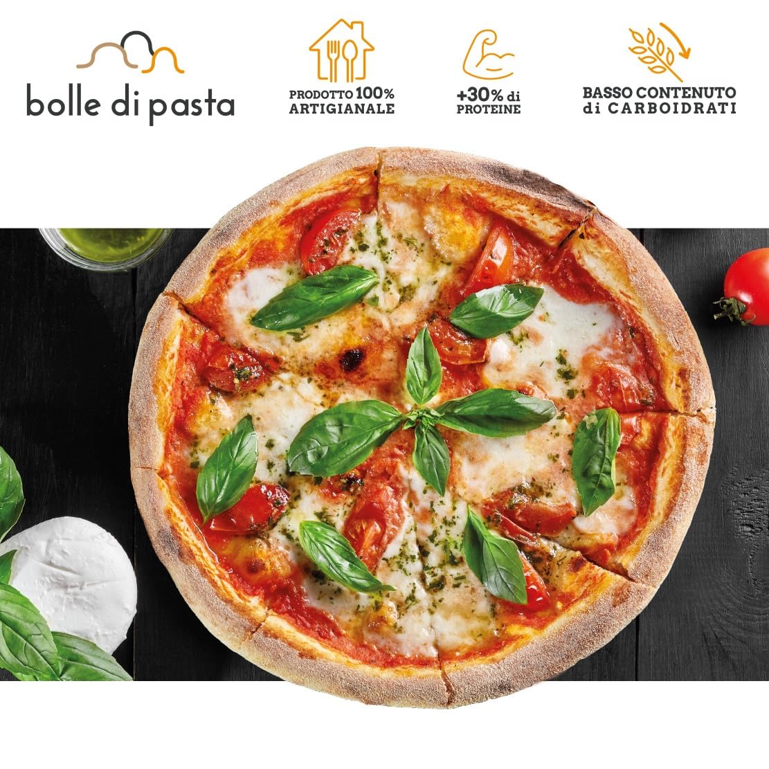 Bolle Di Pasta® Base Pizza Low Carb-Keto – 100% Artigianale, +30% Proteine, Basso Contenuto di Carboidrati – Gustosa e Leggera – Protein-Pizza Proteica - 1 pezzo 200g (4 unità)