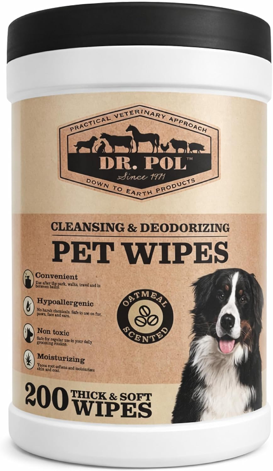 Dr. Pol Oatmeal Pet Wipes for Dogs & Cats, Canister, 200 Count | Veteranarian Approved, Soft thick grooming wipes provide gentle daily cleaning for paws, face, ears and coat.