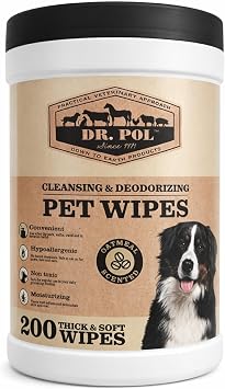 Dr. Pol Oatmeal Pet Wipes for Dogs & Cats, Canister, 200 Count | Veteranarian Approved, Soft thick grooming wipes provide gentle daily cleaning for paws, face, ears and coat.