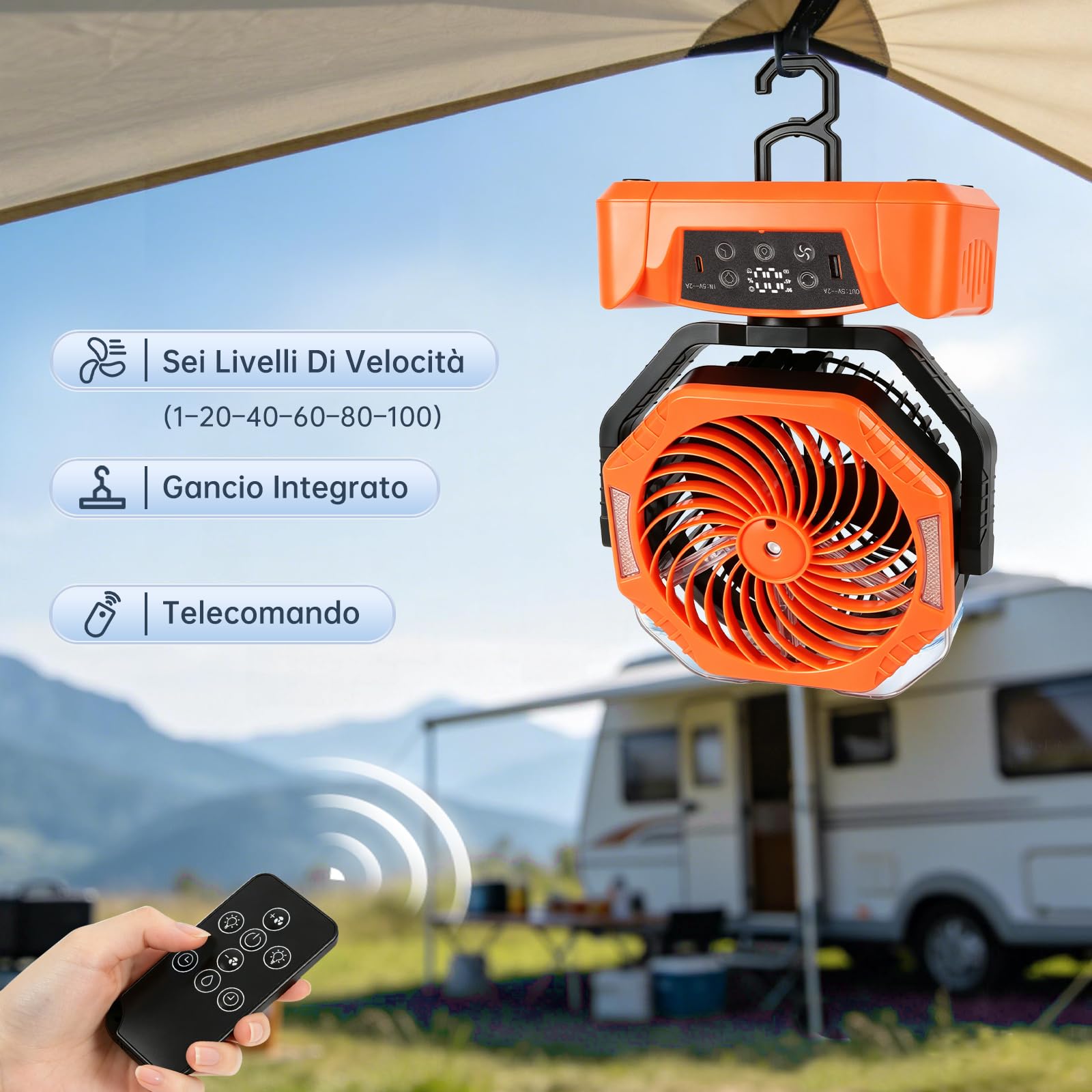 JONRRYIN Ventilatore da Campeggio 20000mAh, Ventilatore Ricaricabile con Nebulizzazione USB, Ventilatore da Tavolo con 6 Modalità Luce, 6 Velocità, Rotazione 270°, per Camper e Tenda