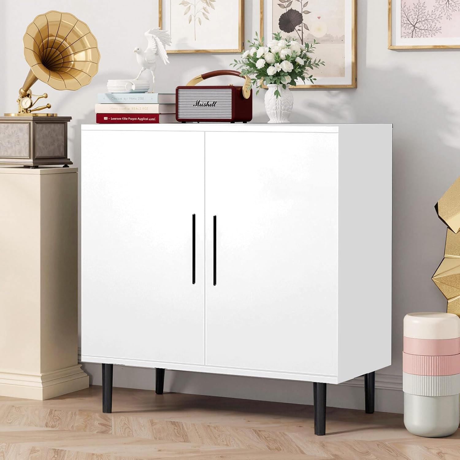 COMHOMA Sideboard Buffet Cabinet with Storage, Modern Wood Versatile Coffee Bar Console Table for Living Room Kitchen, Dining Room, Hallway, White-1 Pack