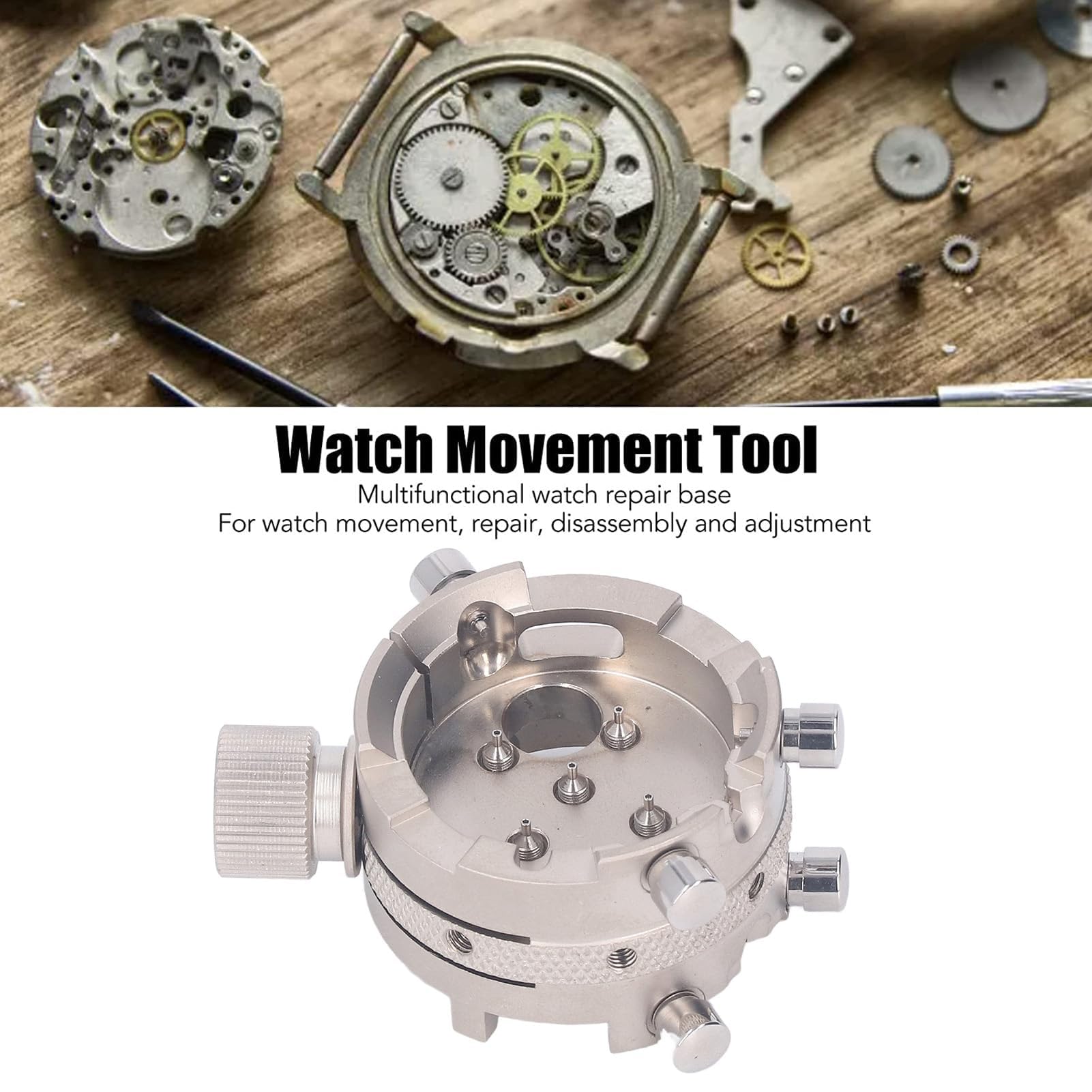 Soporte de movimiento de reloj de acero inoxidable para movimiento 7750, herramienta de ajuste de fijación segura con tornillos de tope y columnas de latón para relojeros