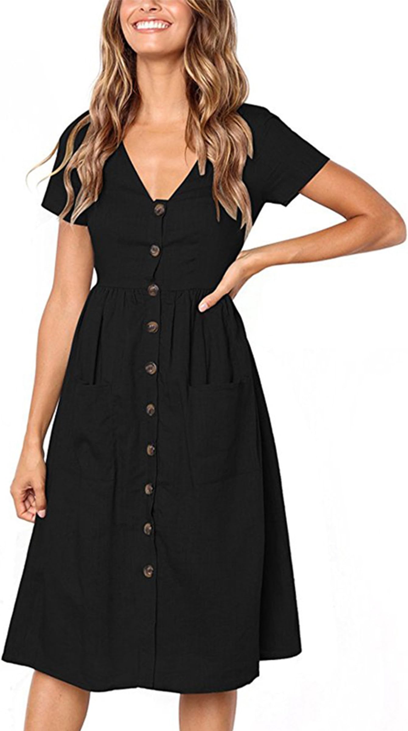 Angashion Women's Dresses-Short Sleeve V Neck Button Decoration T Shirt Midi Skater Dress