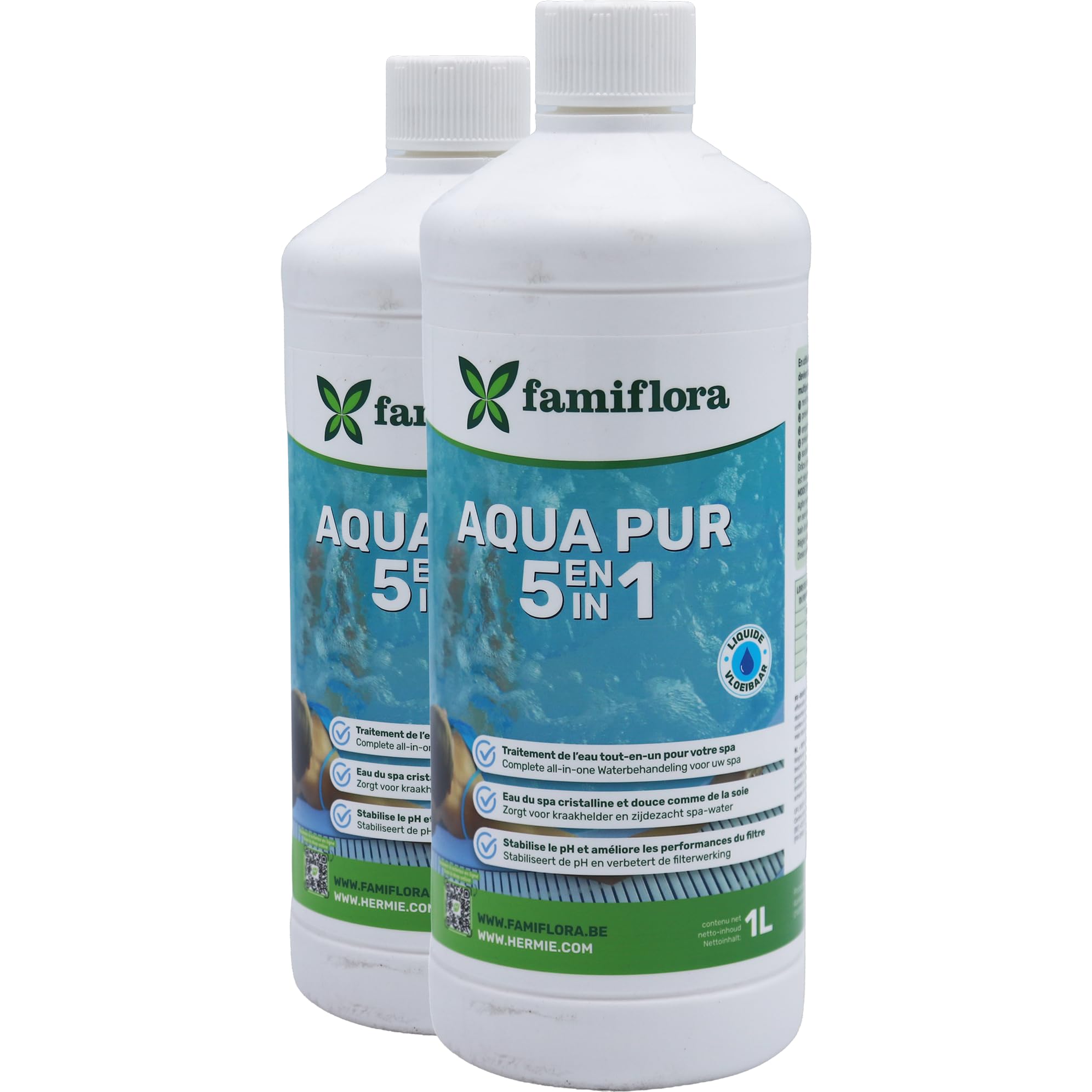 Aqua pur 5 en 1 2 x 1 L - Profitez d'un spa cristallin ! - Traitement complet de l'eau pour le spa - Assure une eau claire et soyeuse - Stabilise le pH