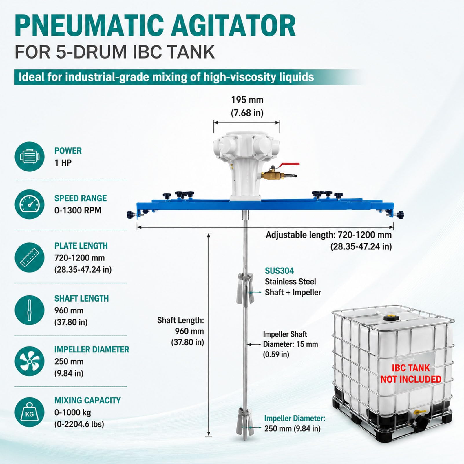 IBC-Rührwerk mit klappbarem Propeller für offene Behälter Large5Cylinder | ermöglicht eine präzise Anpassung an unterschiedliche Flüssigkeitseigenschaften
