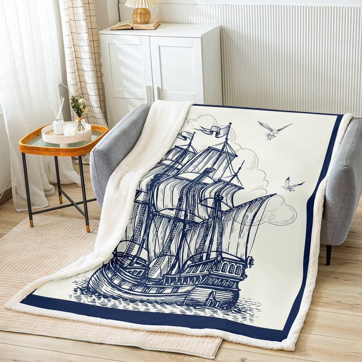Kids Nautical Fleece Throw Blanket Twin 60"x80" Sea Sailboat Sherpa Blanket for Bed Sofa Couch Toddler Decor Ocean Themed Plush Blanket Marina Teal Blue and White Fuzzy Blanket Bedroom