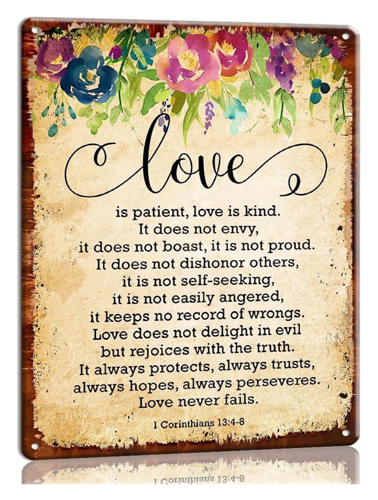 EKFBQBGW Inspirational Metal Sign Love Is Patient Love Is Kind Bible Verse 1 Corinthians 13 4 8 Christian Scripture Wall Decor for Home Office Nursery 8 X 12 inch