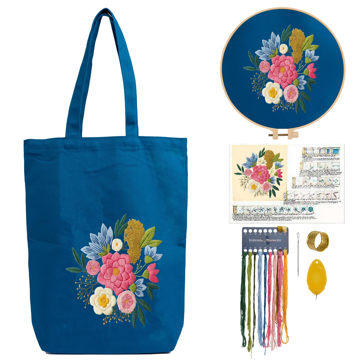 CREAWONDER Hand Embroidery Kits for Bag, Embroidery Kit Bag with Pattern for Beginners, Arts and DIY Embroidery Crafts Kits for Adults, Include Instructions, Embroidery Hoops, Color Threads and Tool