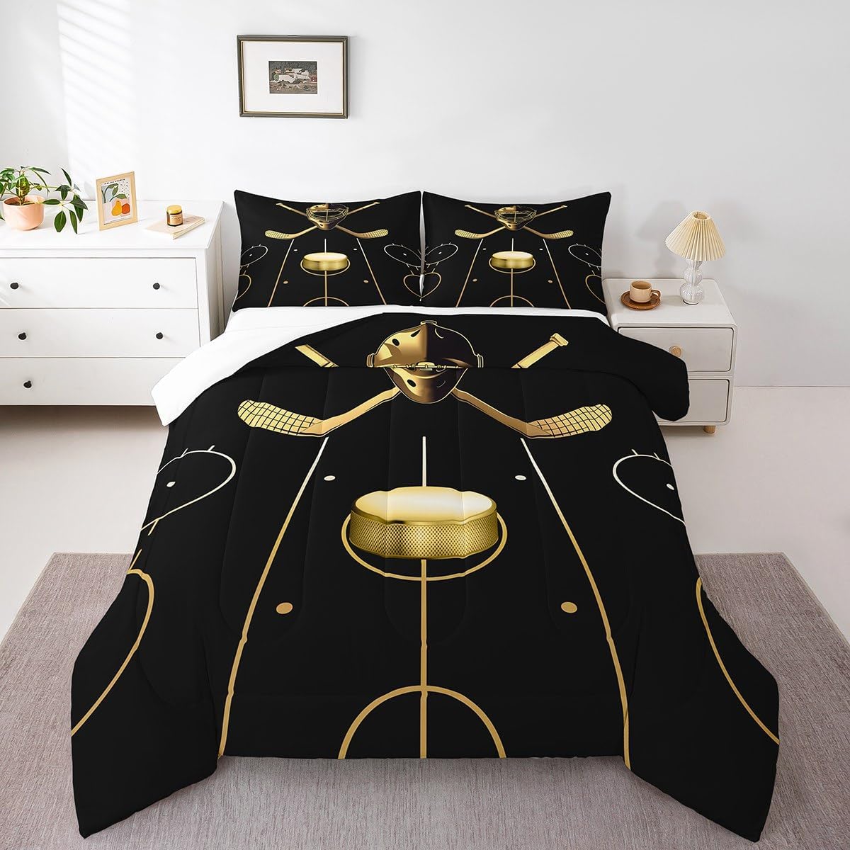 Feelyou Kids Ice Hockey Comforter Set Boys Girls Winter Sports Bedding Set Golden Black Hockey Punk Games Decor Comforter Athlete Competitive Comforter Queen Size Boys