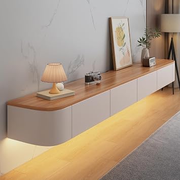 Floating TV Stand Cabinet wall mounted White Brown Floating tv Shelves with LED light & Doors & Drawer Modern Media Entertainment TV Console Storage TV Unit for Living Room 180cm/70in