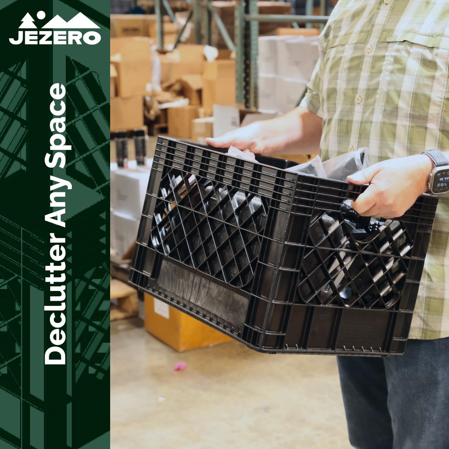 JEZERO 20 Quart Heavy Duty Plastic Crate | Stackable Multi-Purpose Storage Bin for Garage, Home, Office, Groceries, Outdoor, Camping & Kayaking | Black Utility Tote, 17" x 13" x 11" - Image 7