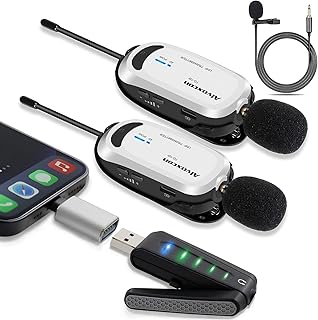 Wireless lavalier Microphone for iPhone & Computer-Alvoxcon USB Dual Lapel Mic System for Android, PC, Laptop, Speaker, Podcasting, Vlog, YouTube, Conference, Vocal Recording, (with Monitor Jack)……