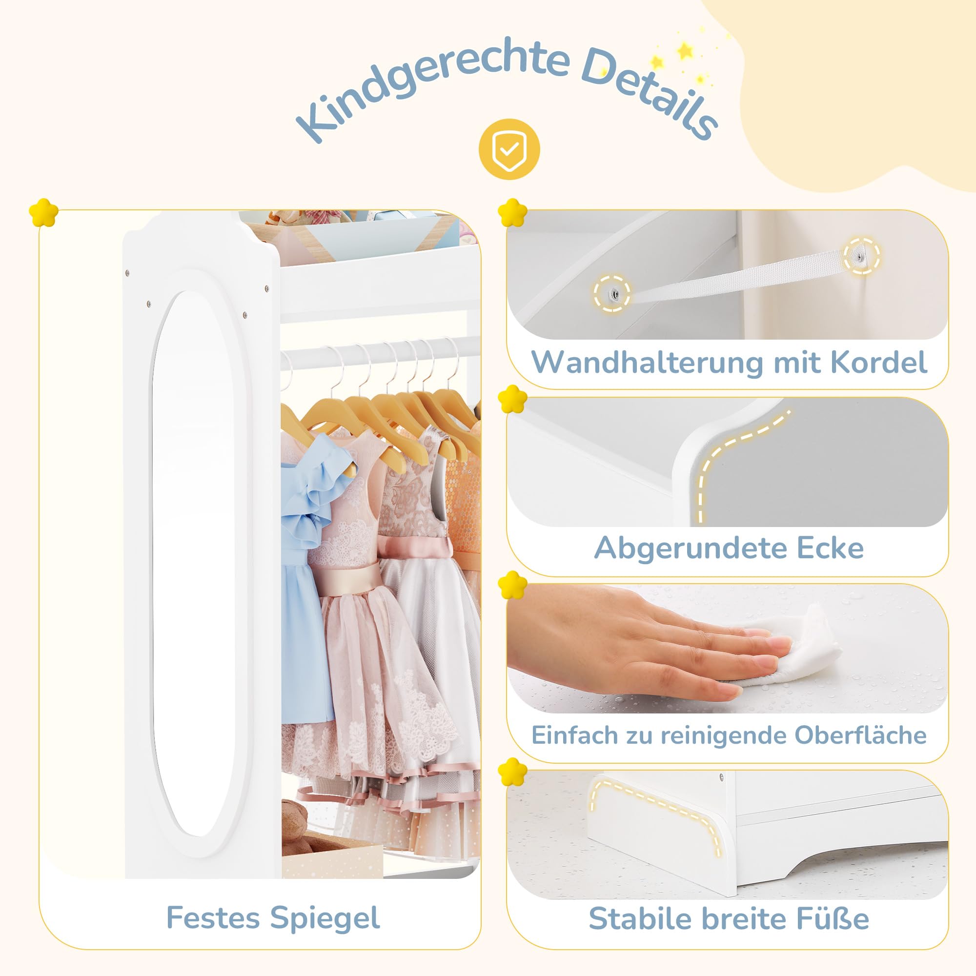 LUE BONA Kindergarderobe,Kinderkleiderschrank mit Spiegel und Kleiderstange,Kindergarderobe mit 3 Haken und 3 offener Ablagen,Kinder Kleiderschrank aus Holz für Kinderzimmer,85 x 34 x 112 cm,Weiß