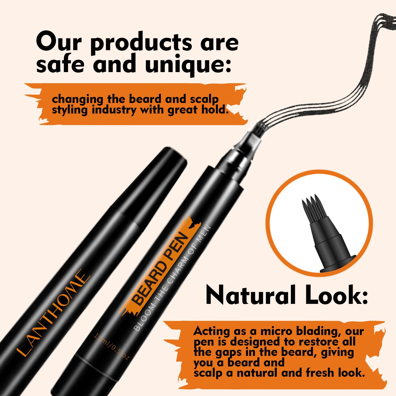 Beard Pencil Filler for Men (Black), Four-fork Tip Beard Styling Pen, Waterproof Sweat Proof Long Lasting Beard Pencil for Men Father Gift