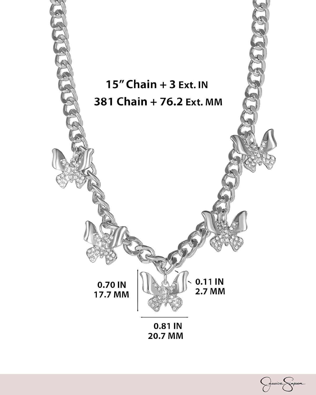 Jessica Simpson Butterfly Necklace for Women 15"+3", Chunky Necklace Silver-Tone with Butterfly Charms and Crystals - Image 5