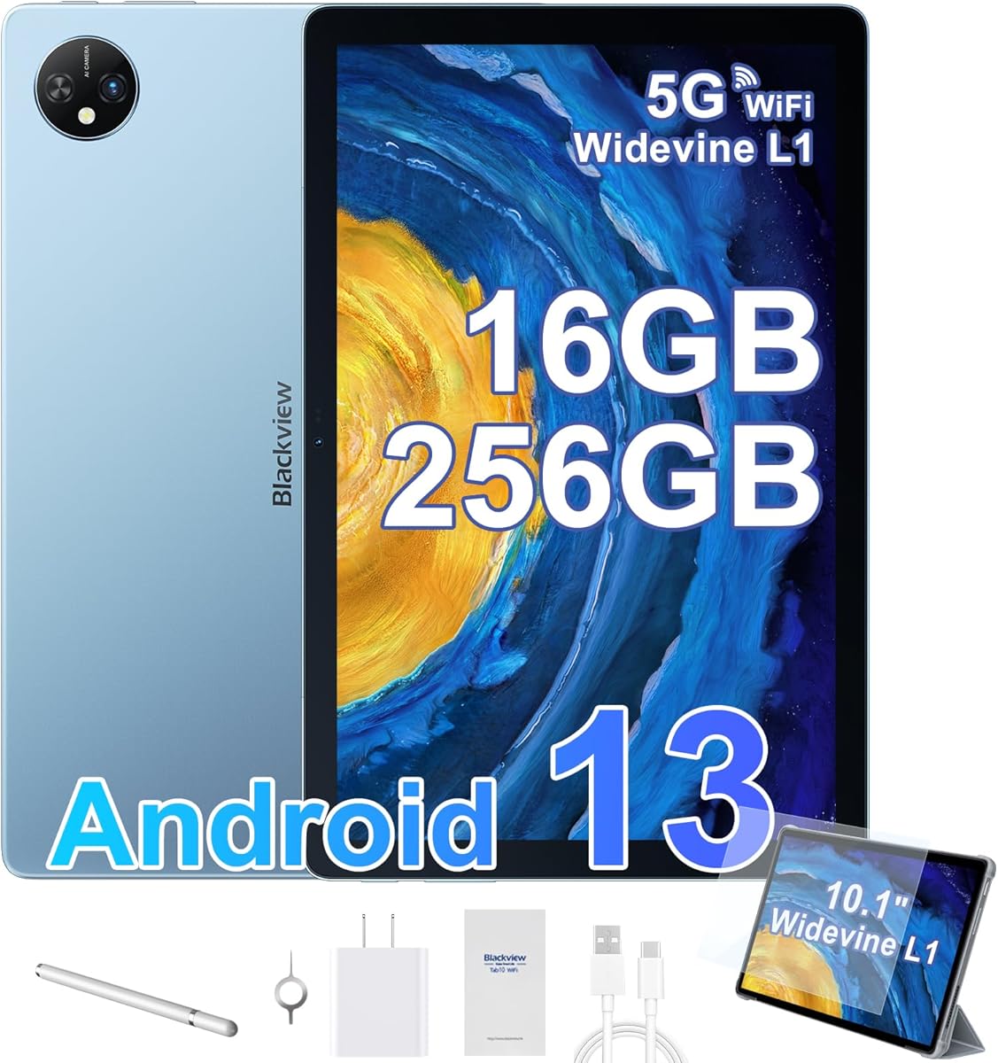 Blackview Android 13 Tablet 10 inch Tablets with 16GB RAM,2024 Latest Update Octa CORE Processor with 256GB Storage,5G WiFi,Dual Camera 13MP+5MP, Bluetooth 5.0,GMS,PC Mode Blue