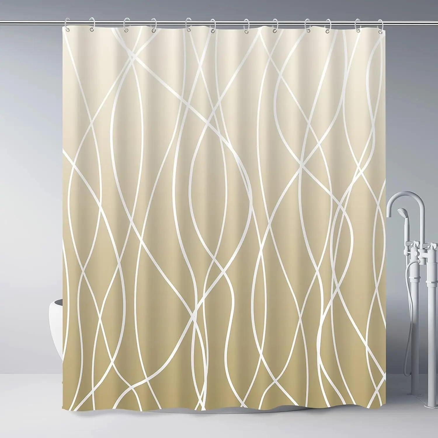 Cortina de Ducha 200 x 200 cm Color Caqui con Ganchos, Diseño Geométrico de Rayas Onduladas Blancas, Impermeable, Moderna y Sencilla, de Tela Lavable A Máquina, 200 x 200 cm (1 Paneles).