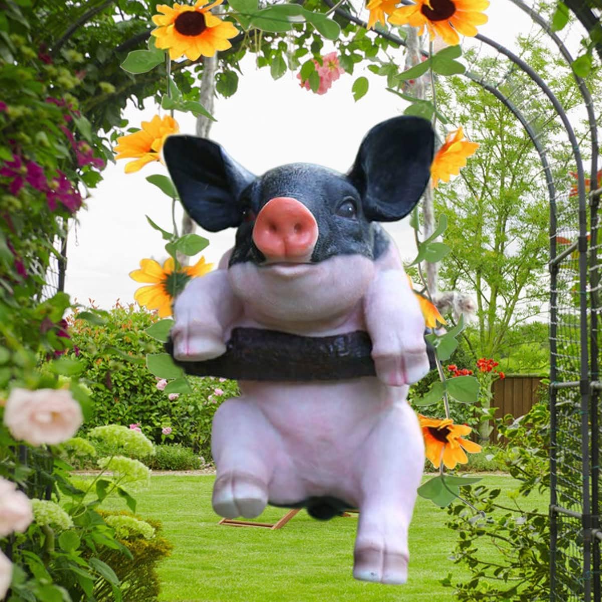 excvalues Pig Statues Funny Swinging Pig Figurine with Sunflower, Large Pig Statues