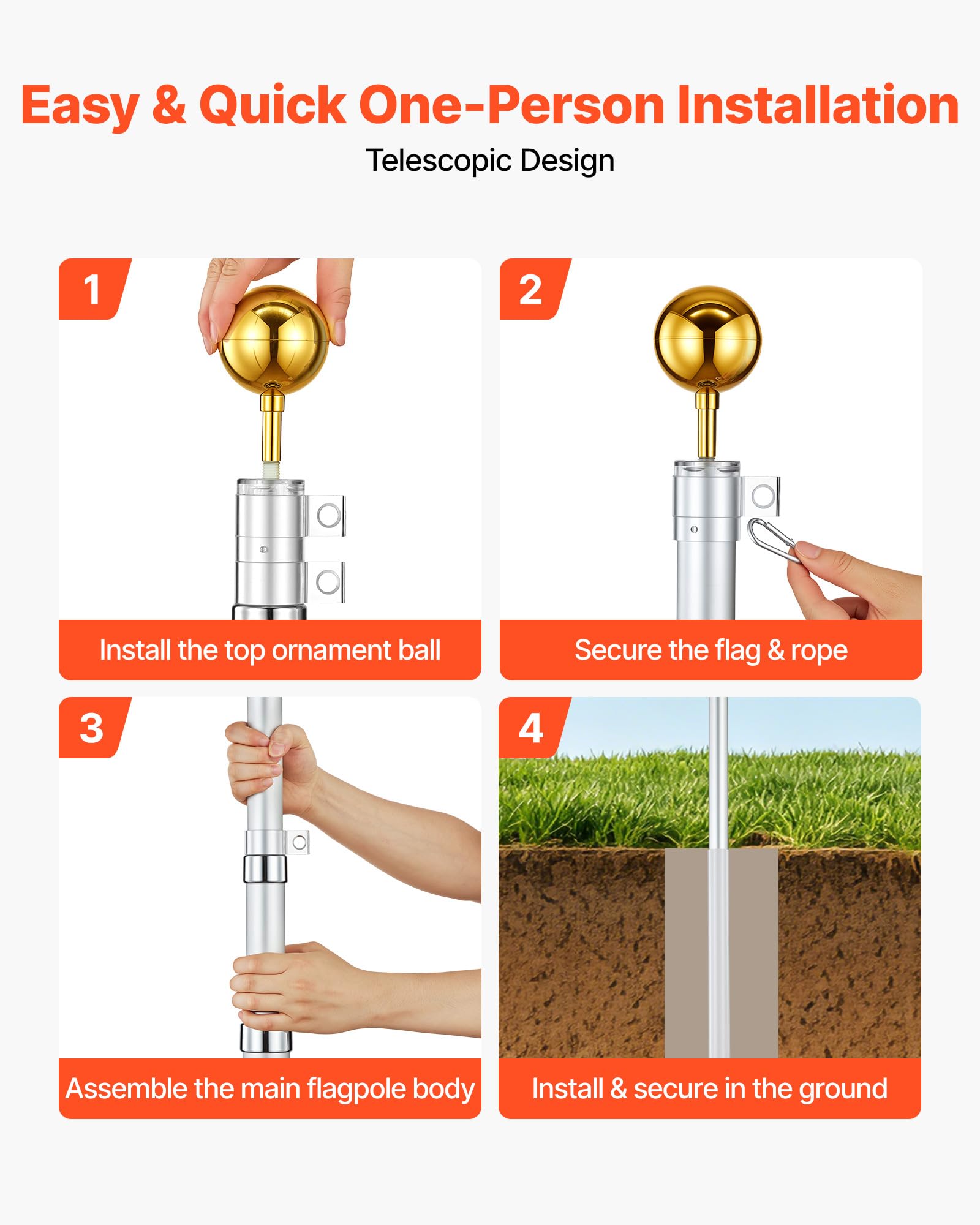 VEVOR Mástil de Bandera Telescópico para Exterior 9,14 m Asta para Bandera, Tubo Grueso de Aluminio Reforzado, Kit Completo de Instalación, para Zona Residencial Comercial Eventos, Color Plateado