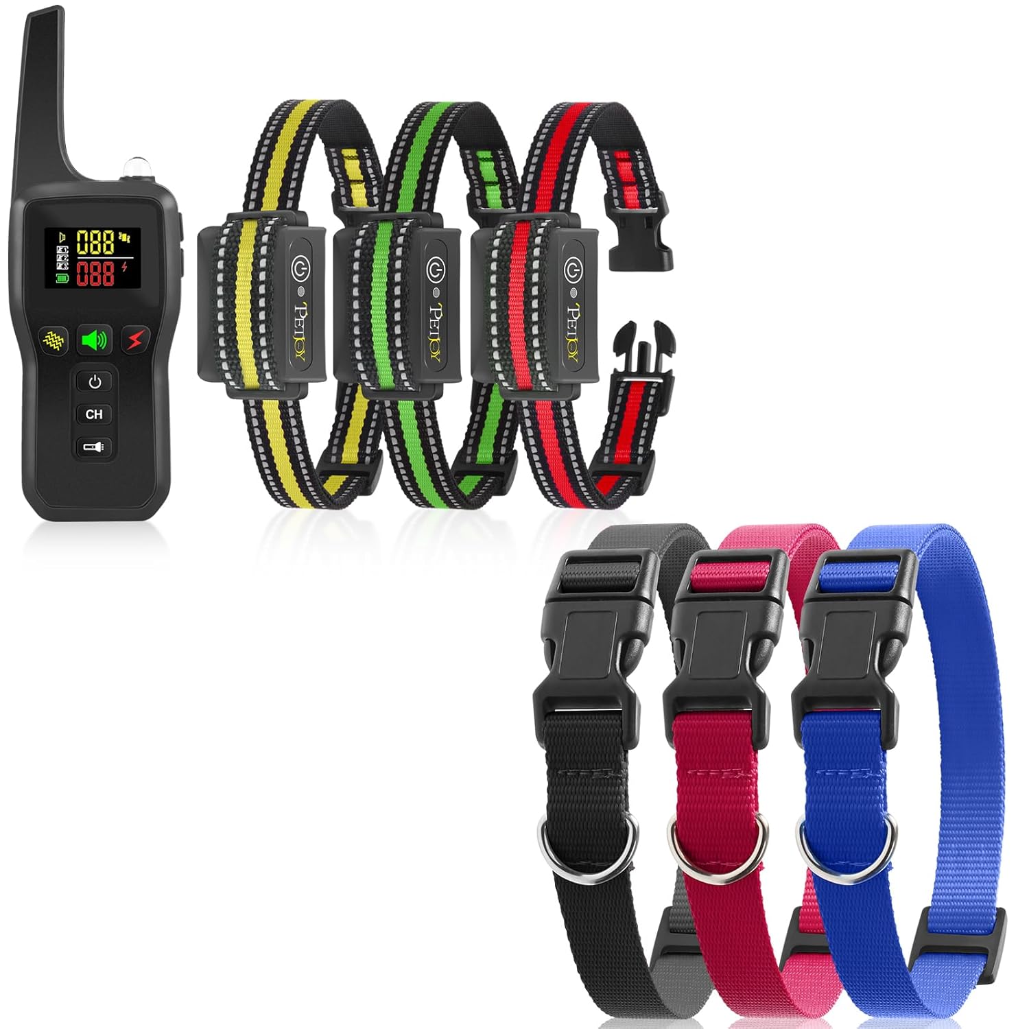 PetJoy 3 Dog Shock Collar with Remote with Total of 6 Collar Straps