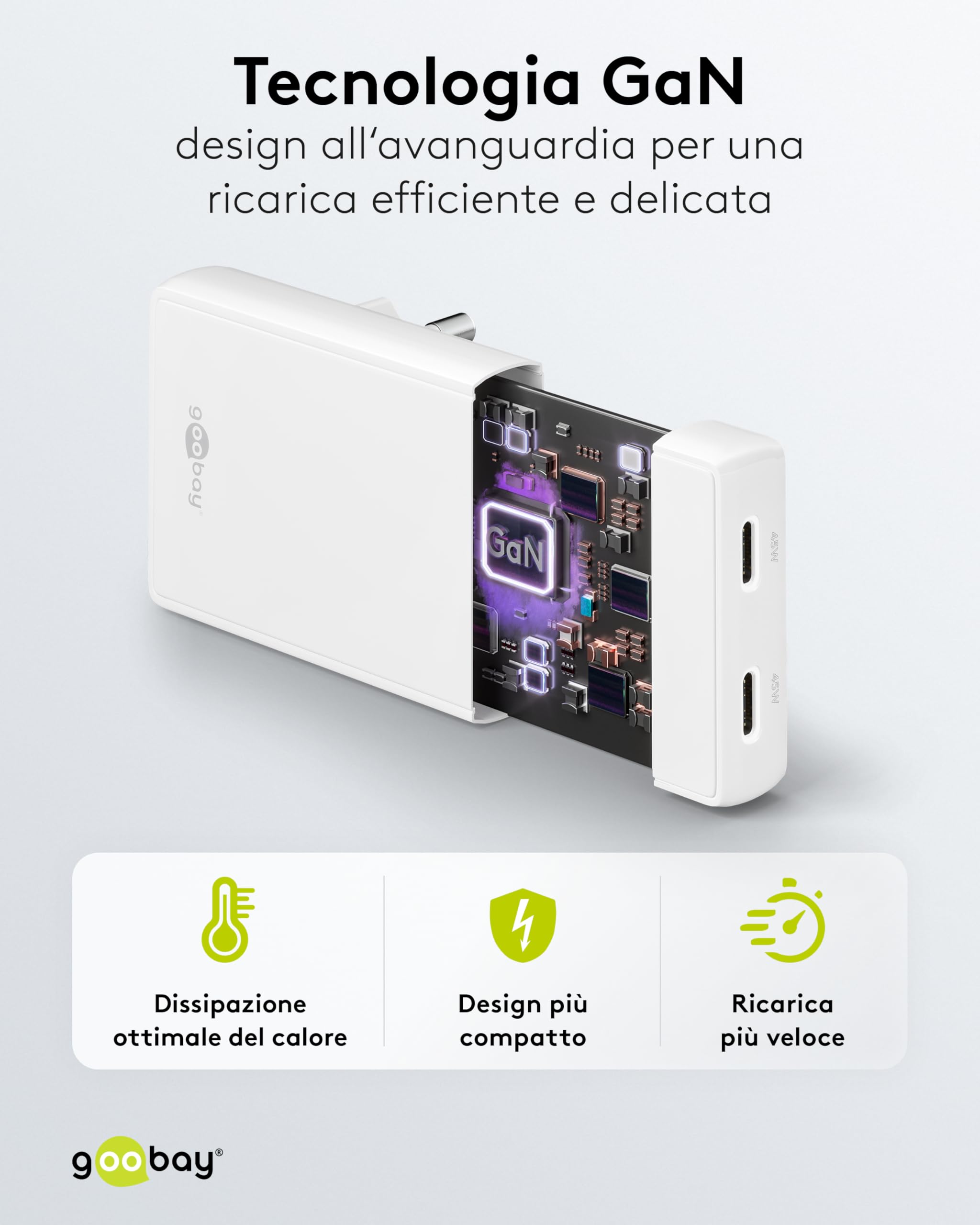goobay GaN Caricatore USB C piatto da 45 W, doppia porta (2 x USB-C), design piatto a 90°, ultra sottile e salvaspazio, per Apple, Samsung, Huawei, tablet, ecc.,bianco,75722
