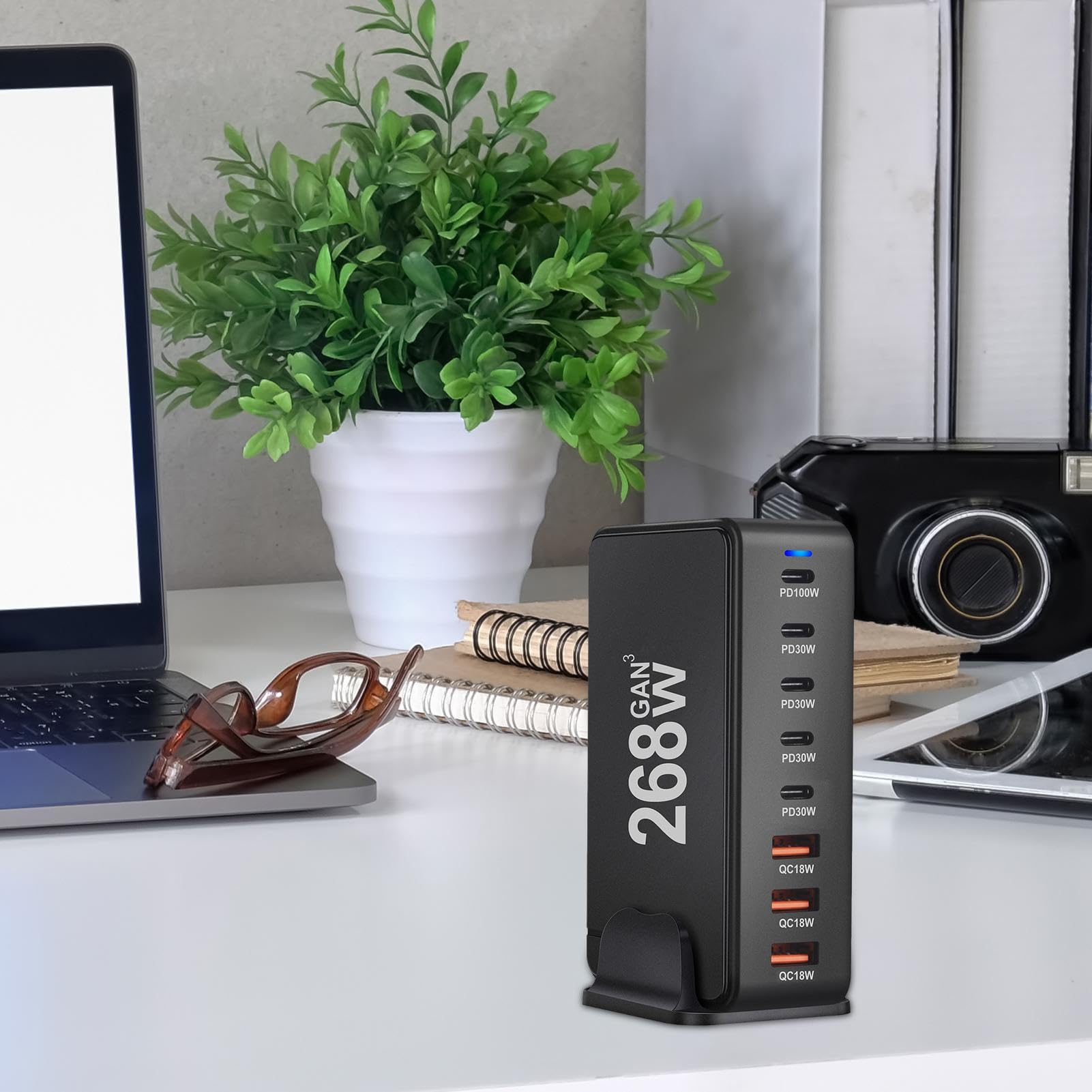 Cargador USB Adaptador de Carga Rápida con 8 Puertos | Cargador USB C 268W para Teléfonos Tabletas Portátiles y Dispositivos Electrónicos de Oficina en Casa