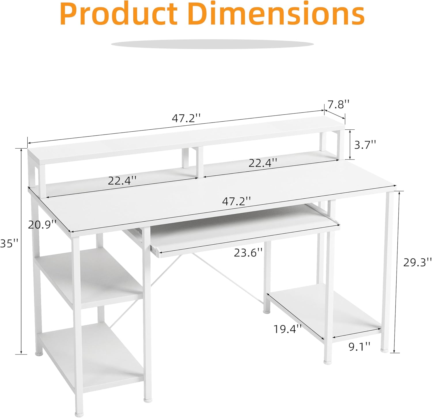 Detailed product dimensions of the VERMESS 48 Inch Computer Desk, including height, width, and depth of various components.