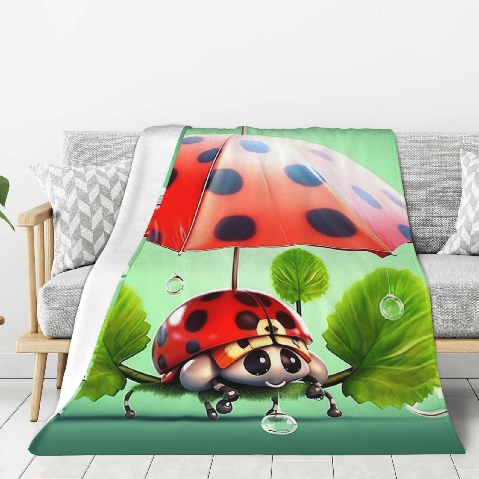 Funny Ladybug Holding Umbrellas Throw Blanket Plush Flannel Fleece Blanket, Soft Lightweight Cozy Blankets 60"X50" for Bed Couch Sofa Travel