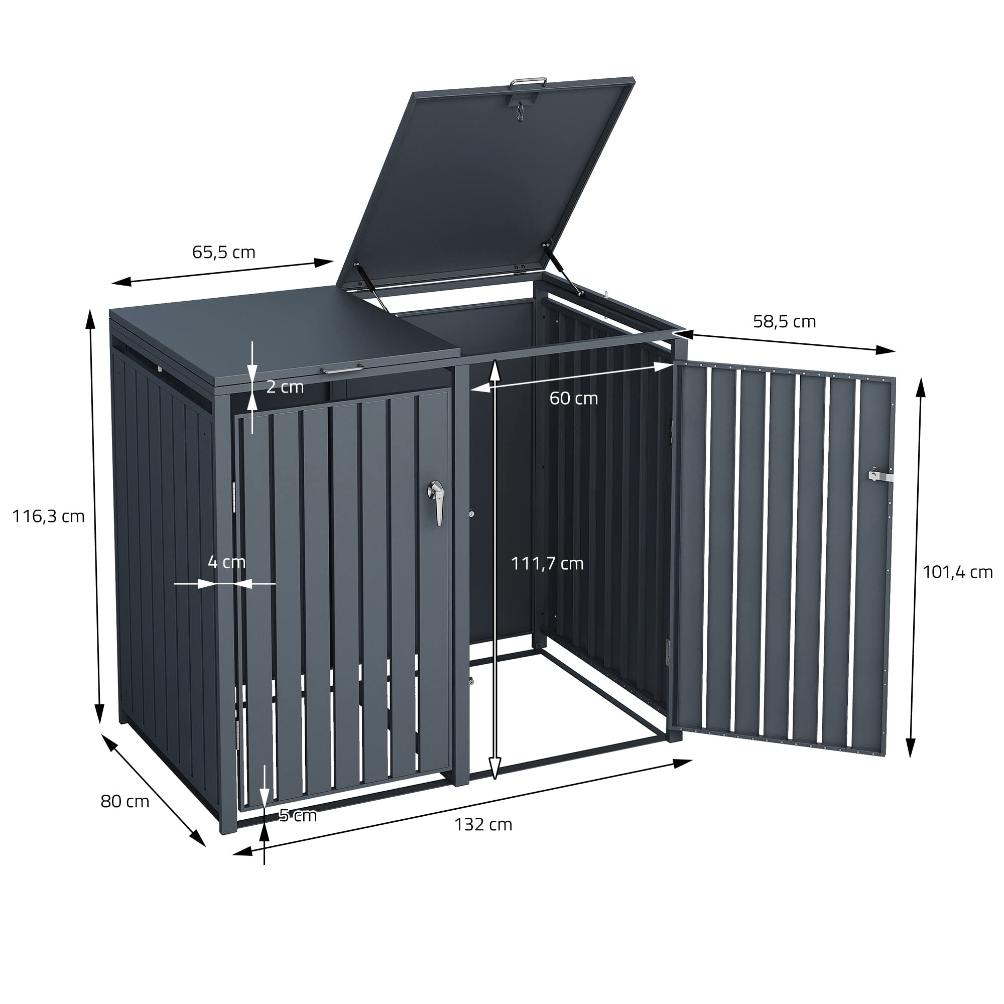 ML-Design Box pour 4 Poubelles, 240L, 264x80x116,3 cm, en Acier, Anthracite, Résistant aux Intempéries, Habillage de Poubelle avec Couvercle Rabattable/4 Portes, Conteneur Abri Hangar Cache-Poubelle