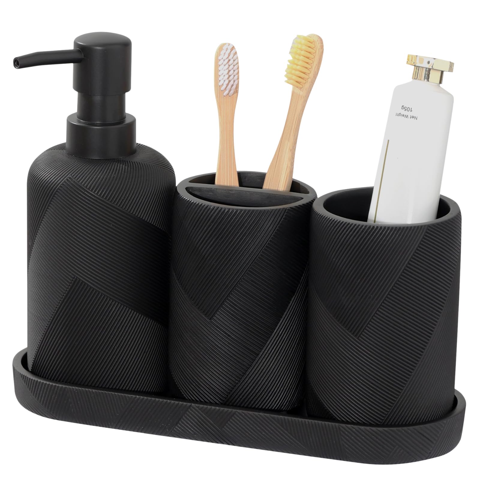 Bathroom Accessories Set, Bathroom Organizer Countertop, Soap Dispenser and Toothbrush Holder, Mouthwash Cup, Tray Set, Vanity Tray for Bathroom, 4 Pieces Modern Decor (Matte Black)